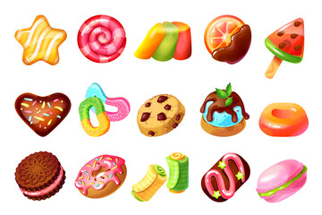 Sweets and candies. Cartoon colorful caramel lollipops and balls, chocolate cakes cookies and donuts. Vector colour illustration macaroons and jelly desserts set