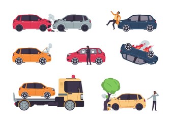 Car accidents. Insurance cases, vehicle collision and car crash, theft protection, cartoon damaged auto and car insurance risks. Vector set illustrations broken vehicle