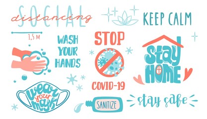 Covid lettering. Social distancing and corona virus prevention, quarantine and staying at home quotation. Vector lettering elements bacterial hygiene rules