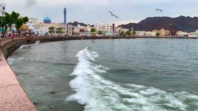 Muscat, Oman, 08-December-2019 , heavy wind in Muttrah corniche, Landscap of Mutrah Corniche in Muscat, Oman. Famous tourist places of sultanate of Oman.