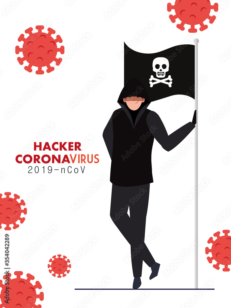 Poster hacker and flag with skull during covid 19 pandemic vector illustration design