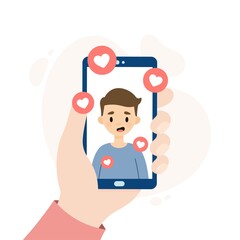 Social media notifications. Person surrounded by hearts/likes. Hand holding a smartphone.