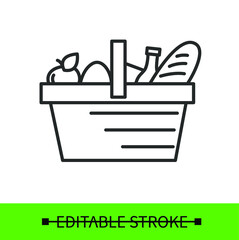 Shopping cart outline icon. Full basket of food, grocery. Special offer or sale concept. Mobile retail store or supermarket website element.Online shopping. Linear vector illustration. Editable stroke