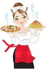 Beautiful girl with typical Italian dishes: pizza and spaghetti