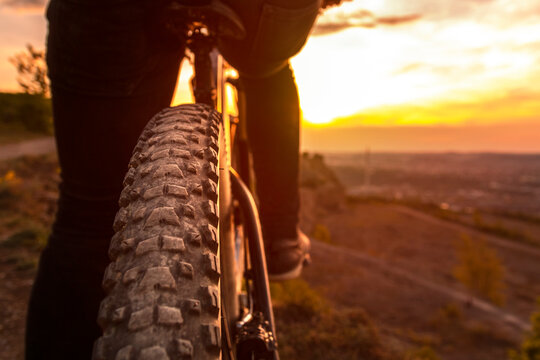 Back shot of mountain bike on sunset. Mountain bike rear wheel detail. Mountain bike tire.