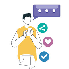 man and smartphone with social media icons, concept of online communication on white background vector illustration design