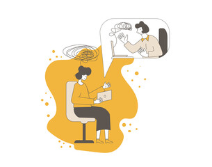 Online stress therapy scene. Color vector flat.