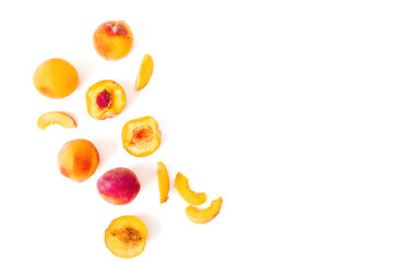 Tasty ripe peaches on white background. Sweet summer fruits. Top view