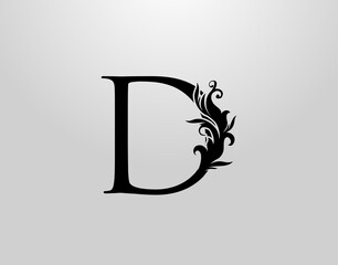 Letter D Swirl Logo. Classic D Letter Design Vector with Black Color and Floral Hand Drawn.
