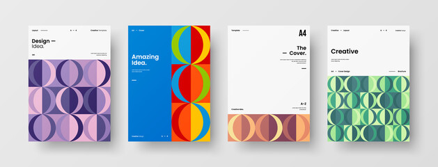 Fototapeta premium Company identity brochure template collection. Business presentation vector A4 vertical orientation front page mock up set. Corporate report cover abstract geometric illustration design layout bundle.
