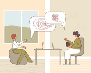 Online stress therapy scene. Color vector flat.