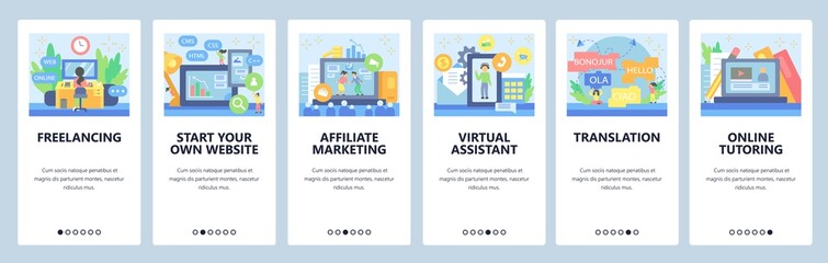 Business, affiliate marketing, virtual assistant, video call, online education. Mobile app screens. Vector banner template for website and mobile development. Web site design illustration