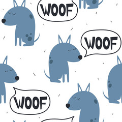 Naklejka premium Happy dogs, hand drawn backdrop. Colorful seamless pattern with animals. Decorative cute wallpaper, good for printing. Overlapping background vector. Design illustration