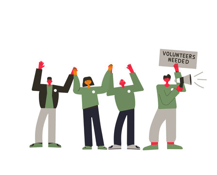 Vollunteer need group of people. Vector flat sign.