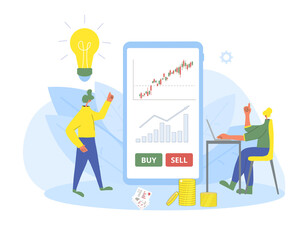 Investment application concept. Minor shareholders choosing buy or sell with mobile financial app. Stock market boom. Young woman and man thinking about growth in equity prices with huge phone. Vector