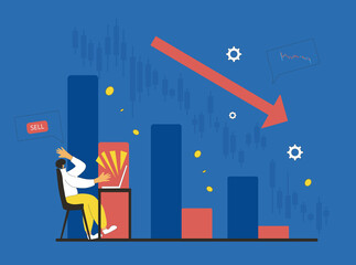 Invest in the company's bonds fail. Inexperienced minor shareholder. Stock market crash. Frustrated man looking at computer screen on graph. Collapsing stock prices. Vector flat illustration.