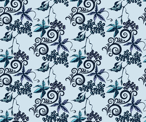 Seamless pattern with Hand drawn wild vine grapes ornamental decorative background. Vector pattern. Print for textile, cloth, wallpaper, scrapbooking