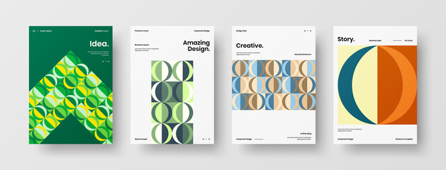 Naklejka premium Company identity brochure template collection. Business presentation vector A4 vertical orientation front page mock up set. Corporate report cover abstract geometric illustration design layout bundle.