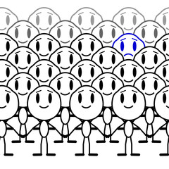 One sad man stands out among the crowd of smiling people