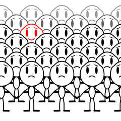 One smiling man stands out among the crowd of sad people