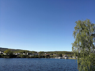 Fototapeta na wymiar lake water and clear blue sky