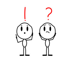 Vector human with a question mark over his head. Cartoon man with a exclamation mark over him.Problem solving concept, creative idea. Character is thinking