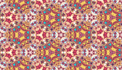Abstract seamless pattern, background. Colorful kaleidoscope on white. Useful as design element for texture and artistic compositions. - 354046291
