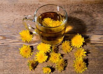 Mug of tea with yellow dandelions on a green saucer, a wooden table