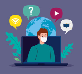 online education advice to stop coronavirus covid-19 spreading, learning online, man with laptop vector illustration design