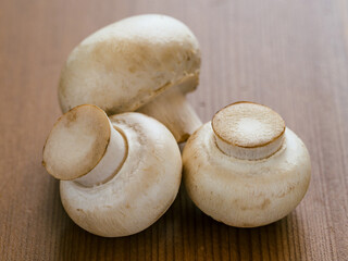 Three whole raw mushrooms on wooden table. Mini champignons close up in natural daylight