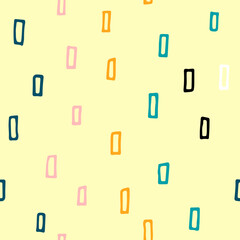 Scandinavian Seamless neutral pattern. Blue, pink, white, black, gold hand-drawn rectangles on a yellow background. Cozy ornament. Vector illustrations for wallpaper, posters, wrapping paper, textiles