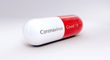 COVID-19 Medicine or Coronavirus Medicine. Capsule medicine for pandemic protection COVID-19, 3D illustration.