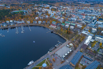 Fototapeta na wymiar Above the city of Lappeenranta on a cloudy October day (aerial photography). Finland