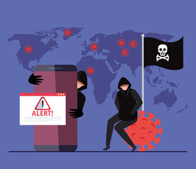 persons hacker with smartphone and alert sign during pandemic covid 19 vector illustration design
