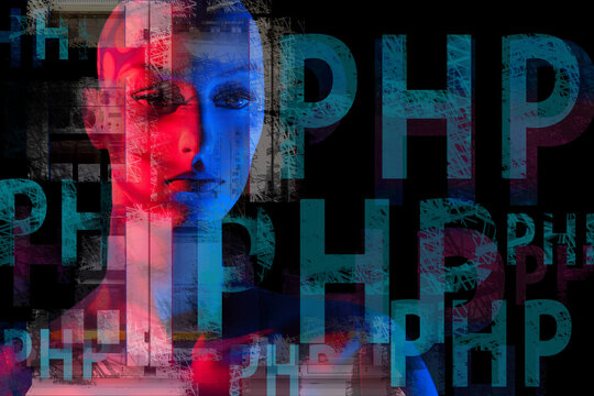 PHP.  Artificial Intelligence. Programming. Computer science. Concept - programming in PHP. Manikin women on a dark background. Concept - writing programs for robots. Humanoid robots.