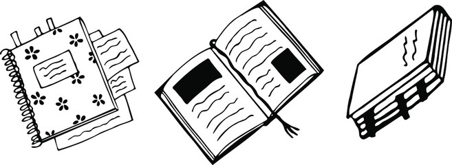 Set of books, vector, black and white