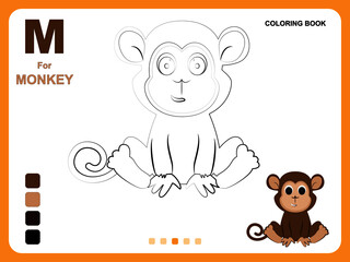 Preschool educational kids painting app game. Color painting practice on monkey shape. Illustration of monkey for coloring book. Object color filling practice for kids. Coloring book pages for kids.