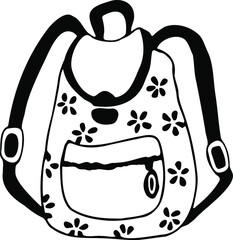 Vector illustration with backpack with flowers, black and white