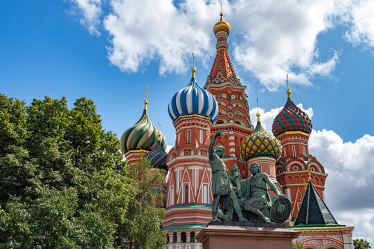 Moscow. Russia. St. Basil's Cathedral. Russian temple with multi-colored domes. Cathedral on the Red Square. St. Basil's Cathedral on a summer day. Monument on the Red Square. Tourism in Russia.