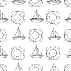 Seamless pattern with sail canvas boat and striped lifeline preserver. Hand drawn vector sketch illustration in doodle outline. Concept of summer cruise, vacation, safety rools, travel, rest, swim.