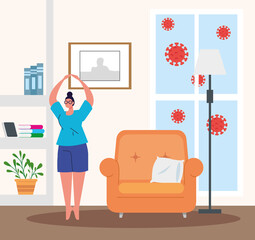 stay home, woman practicing exercise, quarantine or self-isolation vector illustration design