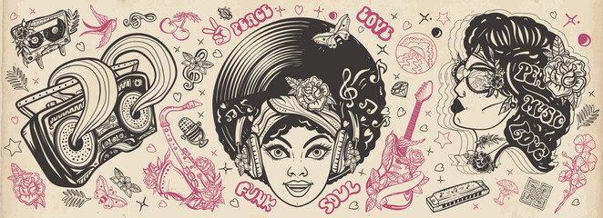 Funk music. Old school tattoo vector collection. Soul party hippie girl, saxophone, guitar and retro rainbow boom box. African American young funky woman. Traditional musical tattooing style