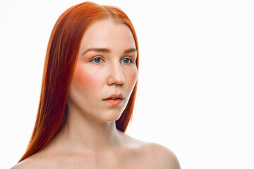 close beauty portrait of a red-haired girl with clean skin and various emotions. Isolated on a white background.