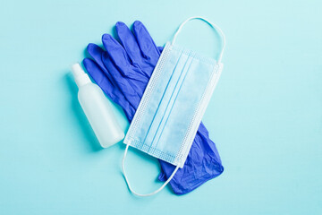 Coronavirus prevention, protection mask, hand sanitizer gel and latex gloves