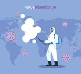 person with protective suit for spraying the covid 19 with world map, disinfection virus concept vector illustration design