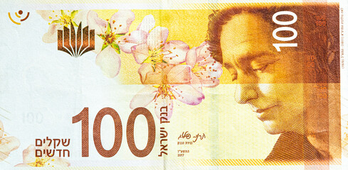 Reproduction of 100 NIS bill banknote. The poet Leah Goldberg. New Israeli Shekels. Bank of Israel.