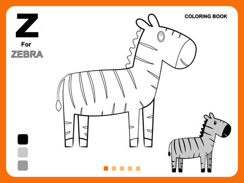 Preschool educational kids painting app game. Color painting practice on zebra shape. Illustration of zebra for coloring book. Object color filling practice for kids. Coloring book pages for kids.
