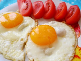 Breakfast food fried eggs with tomatoes on a plate