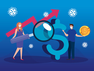 finance management recovery of market after covid 19, business couple with icons vector illustration design