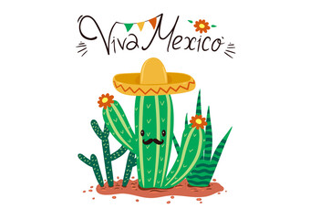 Greeting card with cacti and viva mexico inscription. Vector graphics